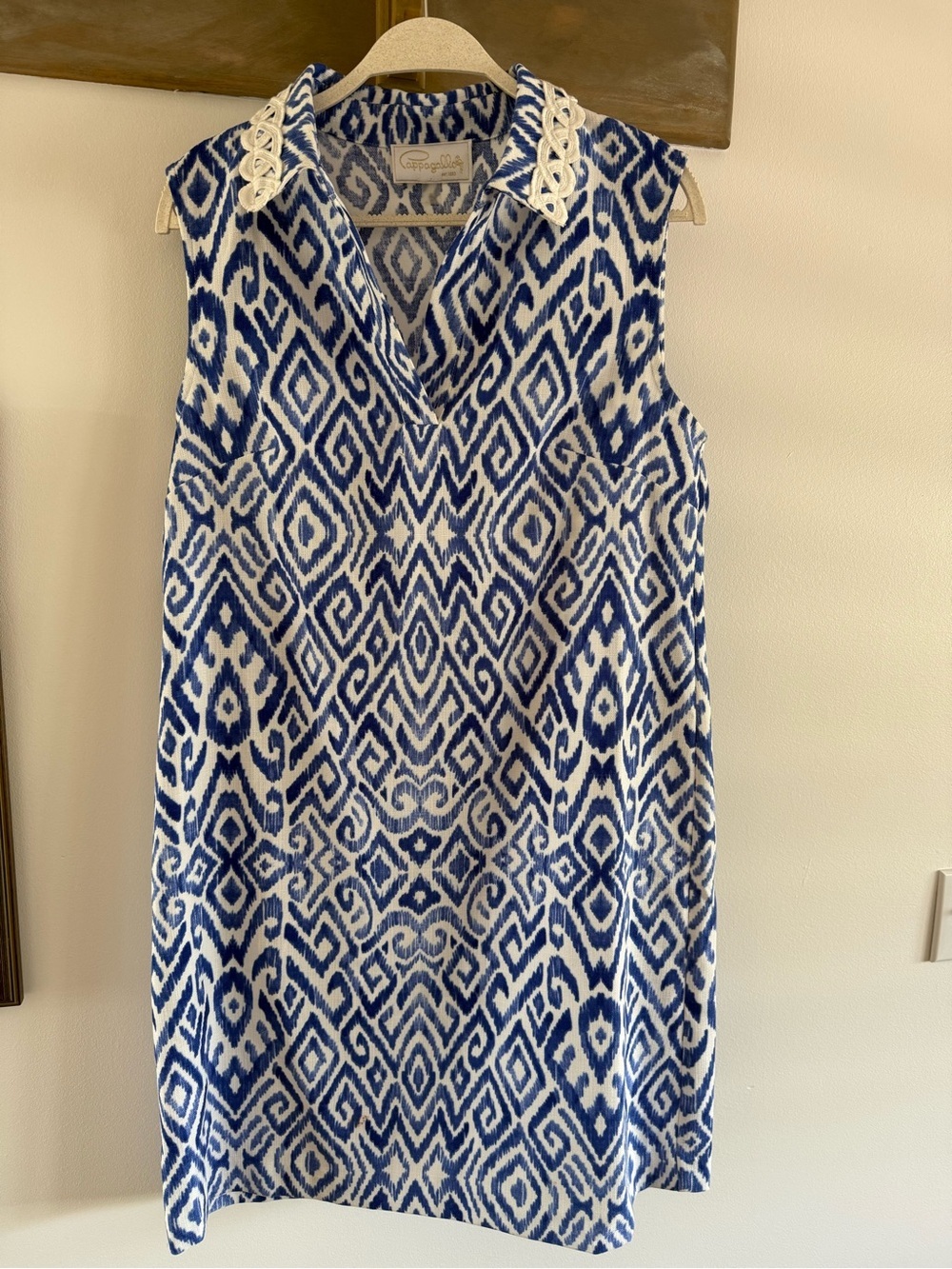 Pappagallo Blue & White Sleeveless V-Neck Patterned Mini Dress